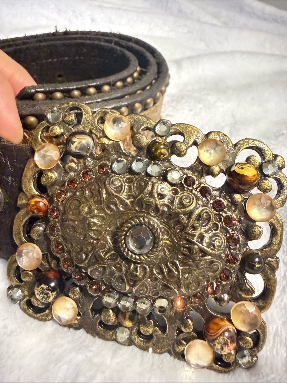 Vintage Leatherock USA Boho Statement Belt Ornate Stone Buckle Model 6289